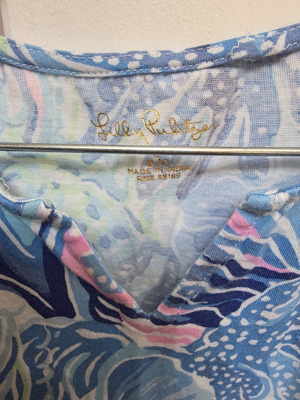 Lilly Pulitzer Gilrs Blue & Pink V-Neck Printed Top With Pom Poms Detail (8-10)